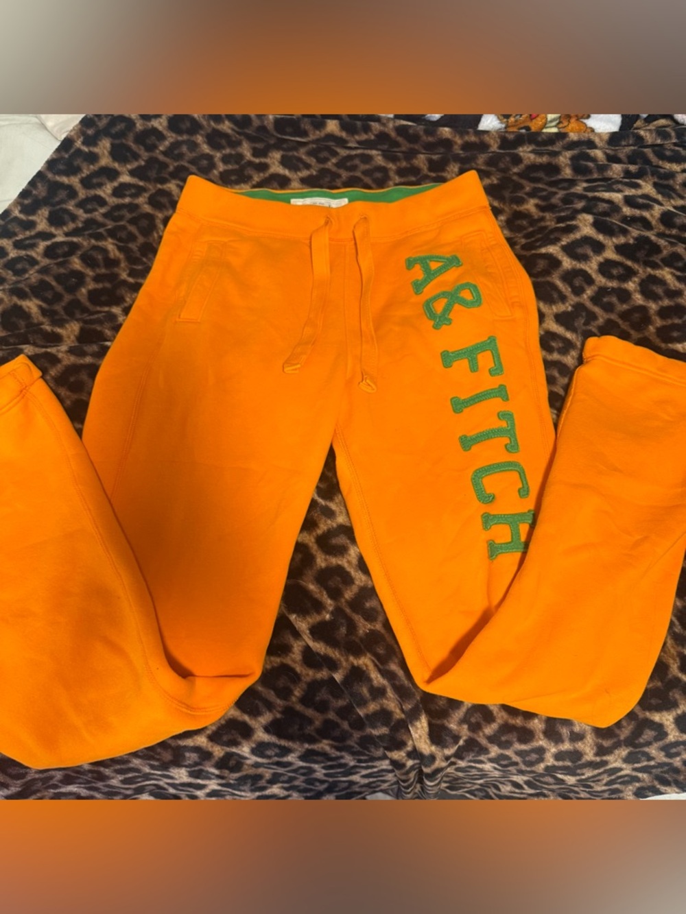 Abercrombie & Fitch Orange Sweatpants with Green Lettering size medium
